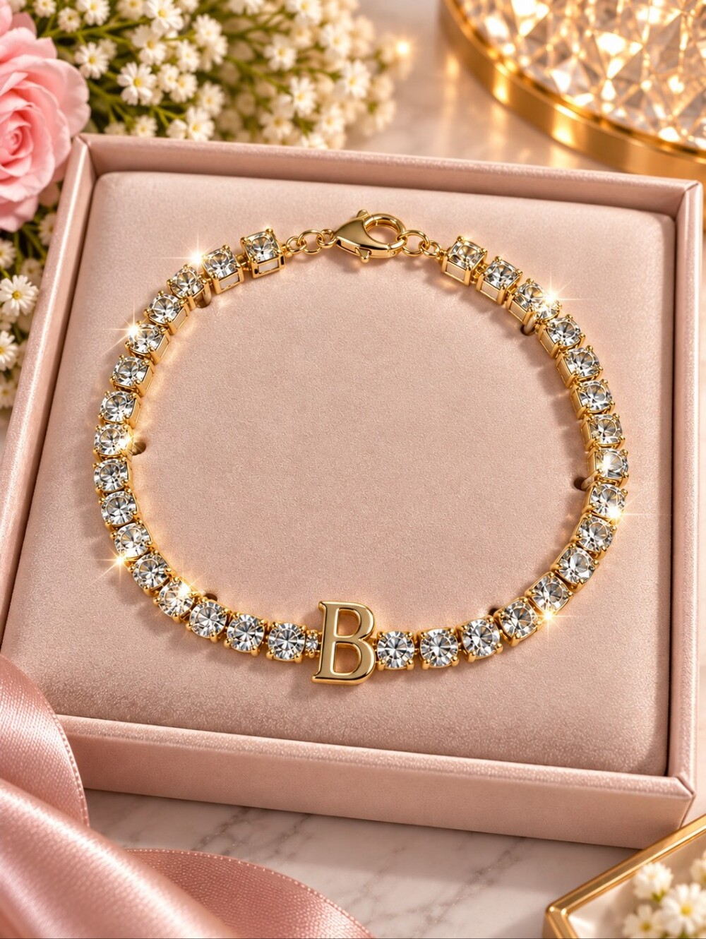 Gold Tone Crystal Tennis Bracelet with Letter B Initial Charm Sparkling Personal